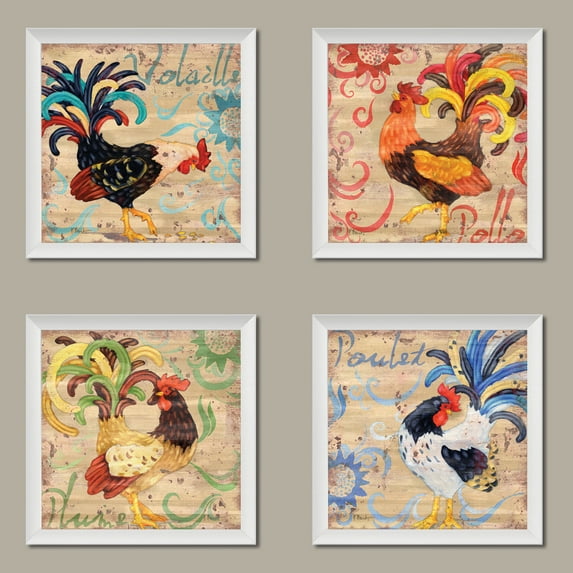 Popular Colorful Royale Rooster Kitchen Art Print Posters by Paul Brent, Four 12 by 12-Inch White Framed Prints; Ready to hang!