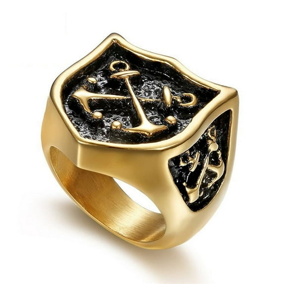 Popular European and American Street Anchor Design with Blackened Men's14K Yellow Gold Rings