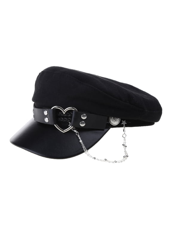 Popular Female Beret Hat Felt Octagonal Hat with Love-Heart Belt Y2K Women Hat Girls Gothic Hat Lolita-Style Cool Cap