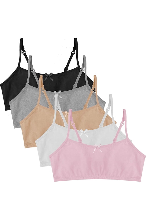 Popular Girl's Cotton Cami Crop Bra with Adjustable Straps - 5 pack - Neutrals - X-Large (14)