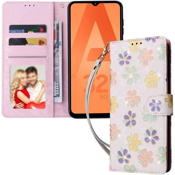 Popular Glittery Flower PU Flip Phone case with Wallet for Samsung Galaxy S22 S21 S20 Ultra Plus FE Protective Cover Fashion Glamorous Multi-Functional Bumper(Flower C,S20)