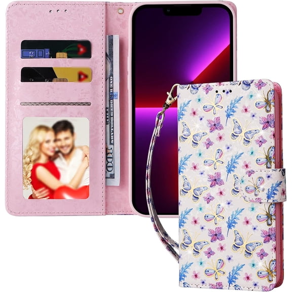 Popular Glittery Flower PU Flip Phone case with Wallet for iPhone 14 13 12 11 8 7 X XS XR Plus Pro Max Mini Protective Cover Fashion Glamorous Multi-Functional Bumper(Flower A,7/8 Plus)