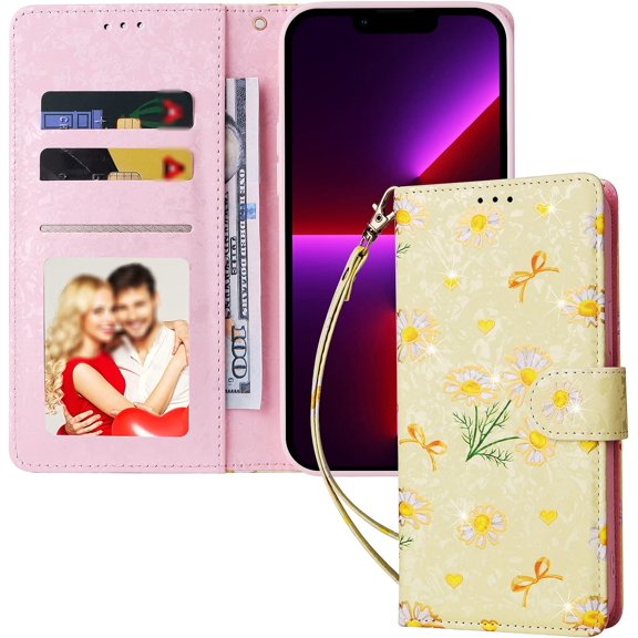 Popular Glittery Flower PU Flip Phone case with Wallet for iPhone 14 13 12 11 8 7 X XS XR Plus Pro Max Mini Protective Cover Fashion Glamorous Multi-Functional Bumper(Flower C,13 Pro)