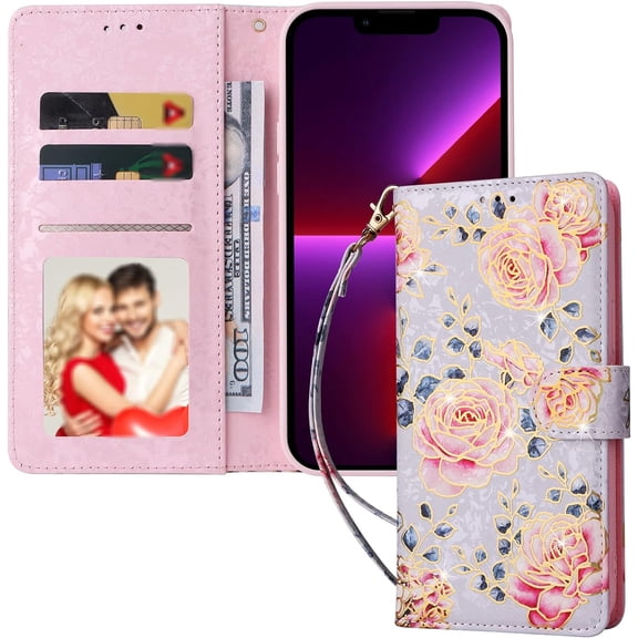 Popular Glittery Flower PU Flip Phone case with Wallet for iPhone 14 13 12 11 8 7 X XS XR Plus Pro Max Mini Protective Cover Fashion Glamorous Multi-Functional Bumper(Flower B,13 Pro max)