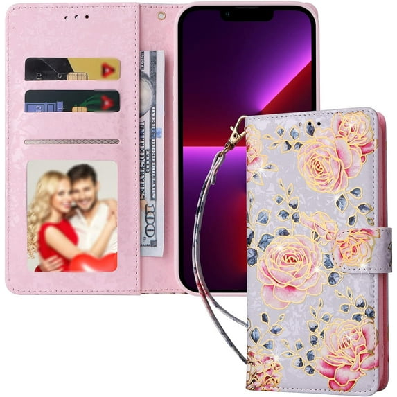 Popular Glittery Flower PU Flip Phone case with Wallet for iPhone 14 13 12 11 8 7 X XS XR Plus Pro Max Mini Protective Cover Fashion Glamorous Multi-Functional Bumper(Flower B,12 Pro)