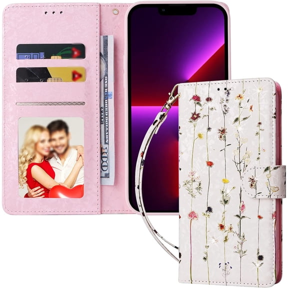 Popular Glittery Flower PU Flip Phone case with Wallet for iPhone 14 13 12 11 8 7 X XS XR Plus Pro Max Mini Protective Cover Fashion Glamorous Multi-Functional Bumper(Flower E,13 Mini)