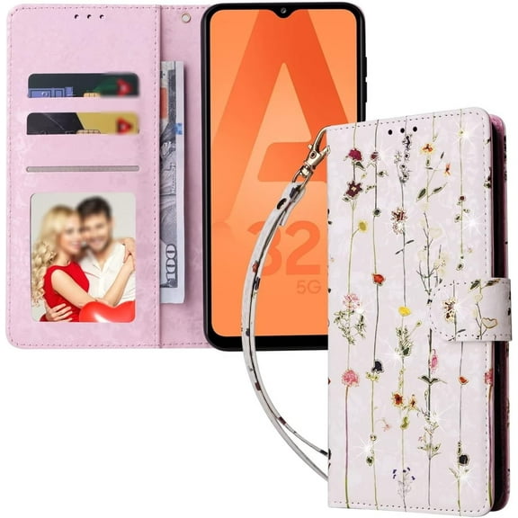 Popular Glittery Flower PU Flip Phone case With Wallet For Samsung Galaxy A12 A22 A32 A52 S A13 A23 A33 A53 A51 4G 5G Protective Cover Fashion Glamorous Multi-functional Bumper(Flower E,A53 5G)