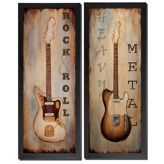 Popular Guitar "Rock and Roll" and "Heavy Metal" Panels by Tre Sorelle Studios; Two Black framed 6x18in Prints; Ready to hang!