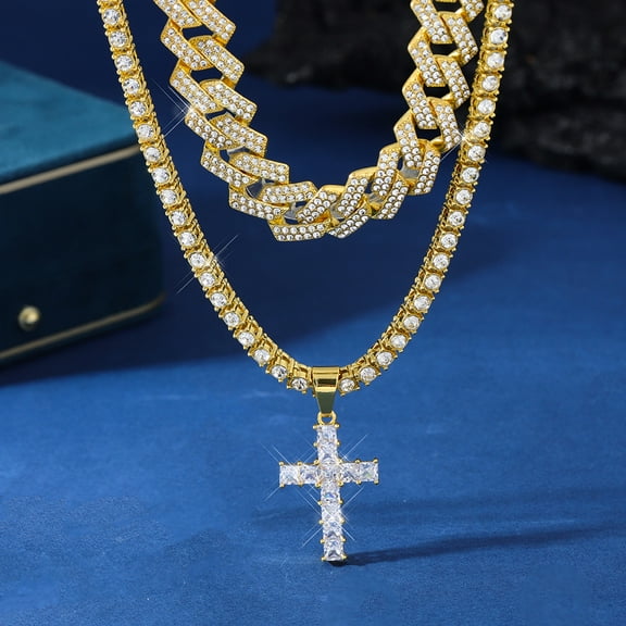 Popular Iced Out Cross 14K Yellow Gold Pendant Necklace Men Charm Miami Cuban Chain Necklace Set Women Cross Hip Hop Tennis Chain Jewelry Gift