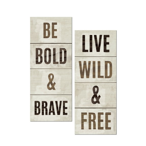 Popular Inspirational "Be Bold And Brave and "Live Wild And Free" Typography Panels by Michael Mullan; Two 8x20in Unframed PAPER Posters. Brown/Tan