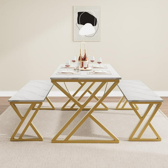 Popular Items Kitchen Table with Benches - Dining Table Set for 4 Sturdy Metal Kitchen Table Set with X Metal Frame Saving Space Dining Room Table Set,Perfect for Kitchen, or Studio,White