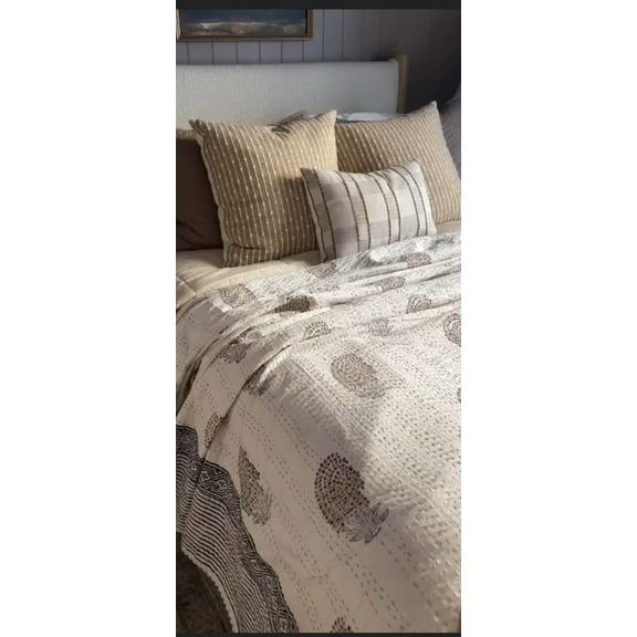 Popular Kantha Quilt Handblock Print floral Kantha Amanda Designed Indian Light Weight Coverlet In Neutral Tones ethnic rustic look for you A And E Textiles House
