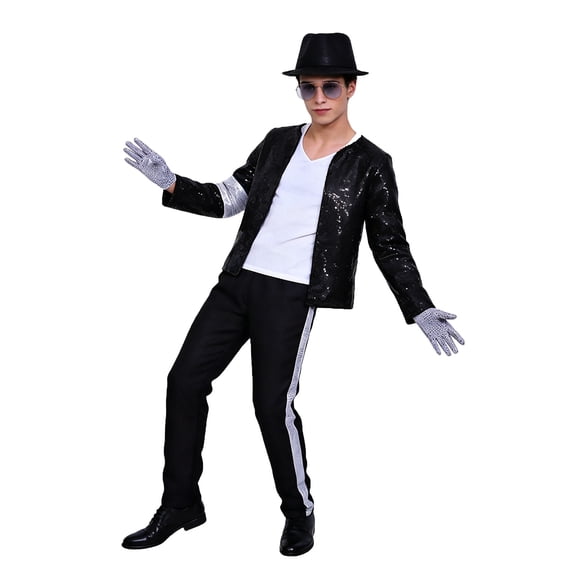 Popular Legendary Superstar Halloween Cosplay Costume Set - Black Sequin Outfit with Retro Music Costumes - Stage Performance Dress Up Set for 4-5 Years