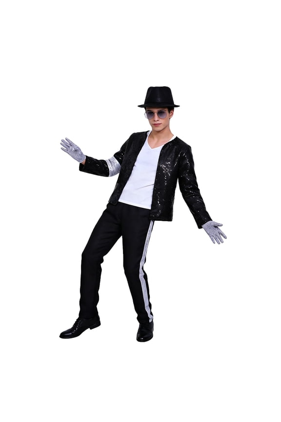 Popular Legendary Superstar Halloween Cosplay Costume Set - Black Sequin Outfit with Retro Music Costumes - Stage Performance Dress Up Set for 9-10 Years