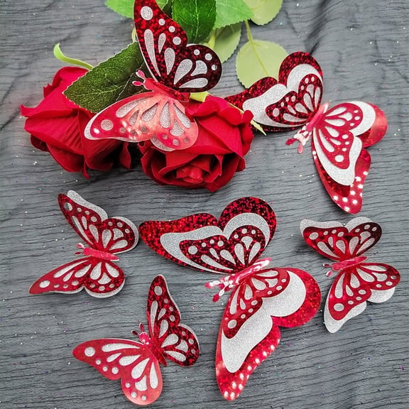 Popular Picks,6 Pcs 3.15 In Three Layer Hollow Red Butterfly Wall Stickers Metal Valentine's Day Decor for Bedroom Living Room And Gift