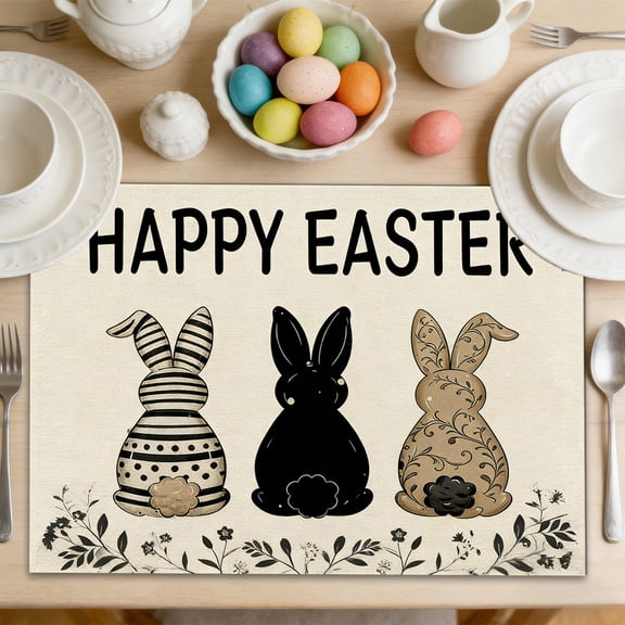 Popular Picks,Bunny Rabbit Eggs Flowers Easter Placemats 12x18 Inch Seasonal Spring Holiday Table Mats for Party Kitchen Dining Decoration