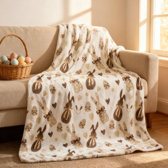 Easter Blanket Bunny Easter Eggs Print Stuffed Blanket Suitable for Sofa Bed Spring Holiday Decoration