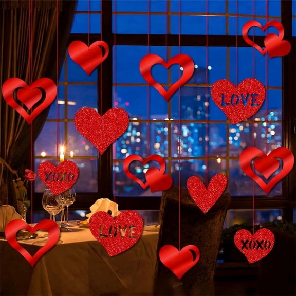 Popular Picks,Valentine's Day Hanging Heart Decorations 16 Pcs Red Glitter Romantic Decor For Home Wedding Party