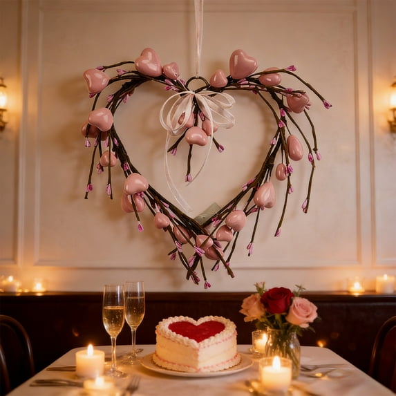 Popular Picks,Valentines Day Pinky Heart Shaped Wreath Door Wall Hanging Decoration Romantic Home Decor for Front Door Window Party Garland