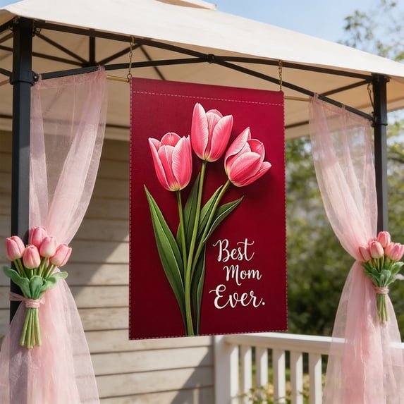 Vintage Peony Best Mom Ever House Flag, Rustic Wooden Texture Decor Flag for Mother's Day and Home Porch 17.7x11.8in