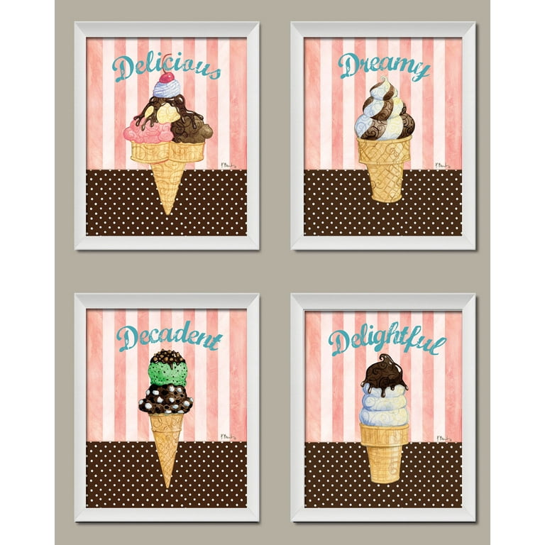 Popular Retro Ice Cream Cone Set on Stripes and Polka Dots