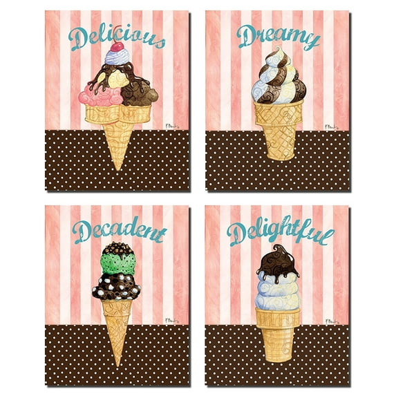 Popular Retro Ice Cream Cone Set on Stripes and Polka Dots; Four 8x10in Poster Prints. Brown/Pink