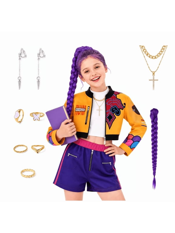 Popular Singer Cosplay Costume - Pop Idol Halloween Stage Costume, Yellow Jacket & Shorts Set with Dress Up Accessories, K'ids Halloween Outfit, 3-12Y