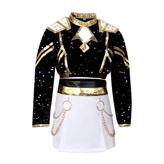 Popular Singer Group Cosplay Costume, Pop Star Printed Black Outfit with 2 Waist Accessories, Halloween Costumes Outfit, for Halloween Cosplay Party