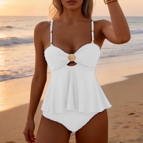 Popular Swimsuit Women's Solid Color Conservative Coat Briefs Bikini Two-piece Swimsuit Split Swimsuit Suit White S