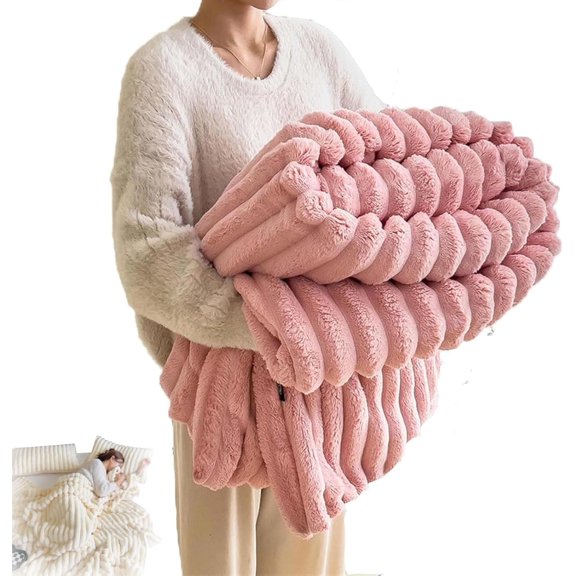 Popular Thickened Rabbit Plush Nap Blanket, Flannel Milk Velvet Cover Blanket, Antistatic Multifunctional Blankets, for Bed Sofa Car Office Use (Pink,70.8 * 78.7in)