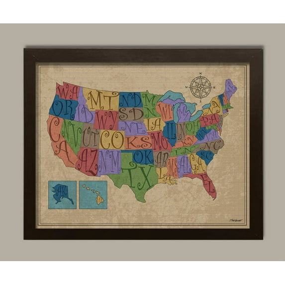 Popular United States of America Map; One 14x11in Brown Framed Print, Ready to hang!