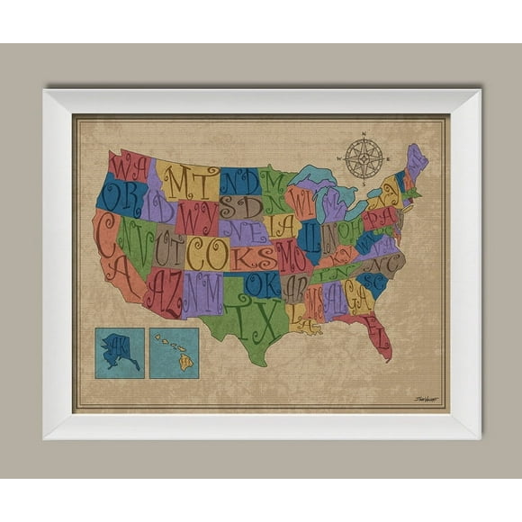 Popular United States of America Map; One 14x11in White Framed Print; Ready to hang!
