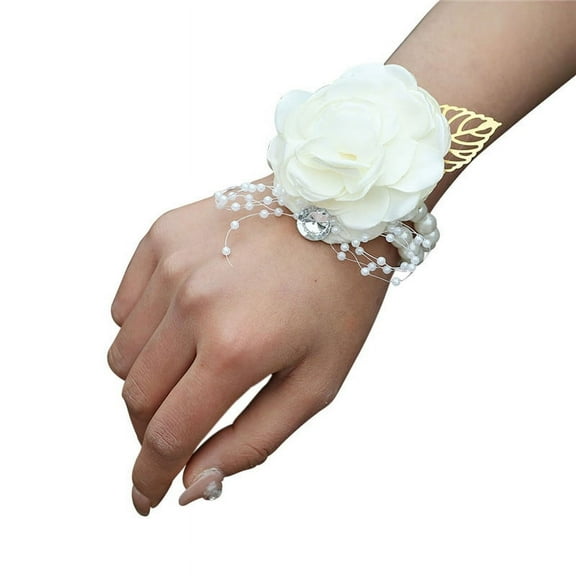 Popular gold leaf beaded wrist flower Pearl Rhinestone corsage bride groom pin party supplies-milk color-style:Wrist flower;