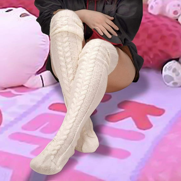Popular knitted socks over-the-knee lengthened pile socks wool socks for women Suitable for Young Age Group-cream-coloured