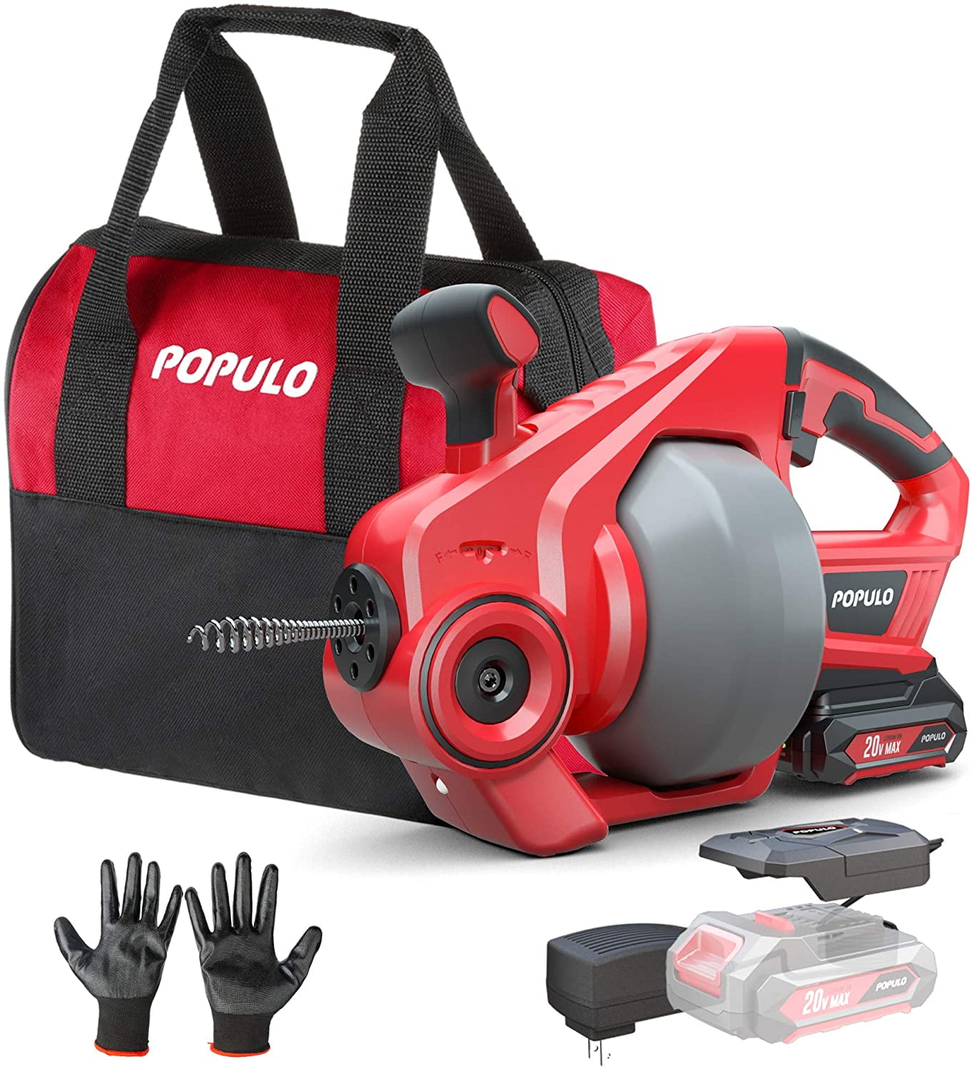 Populo Electric Drain Snake, 25 Plumbing Snake Clog Remover with 2.0AH Battery and Charger