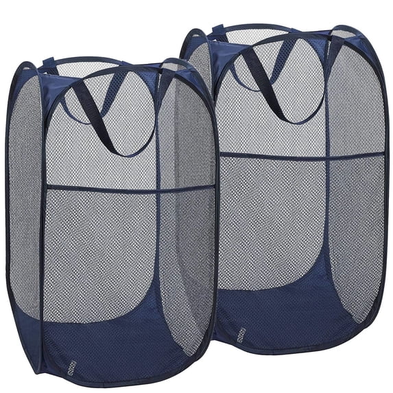 Popup Mesh Laundry Basket,Collapsible Mesh Pop Up Laundry Hamper with Sturdy Handles - Portable Foldable Clothes Baskets for Dorm, Bathroom & Travel Storage (Navy Blue, 2 Packs)