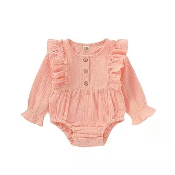 Popvcly 0-24 Months Newborn Infant Baby Girl Outfit Clothes Fall Cotton Linen Rompers Solid Ruffle Jumpsuits For Toddler