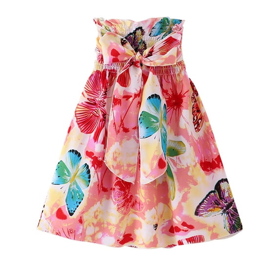 Popvcly 2-8T Kids Toddler Girls Bohemian Flowers Bowknot Sleeveless Beach Strapless Dress Halter Sundress