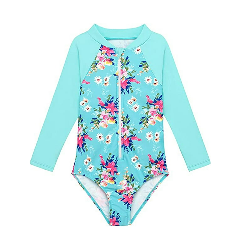 Popvcly 2 8T Toddler Little Girls Zipper Long Sleeve Rash Guard One Piece Swimsuit Kids UPF 50 Sun Protection Swimwear Bathing Suit