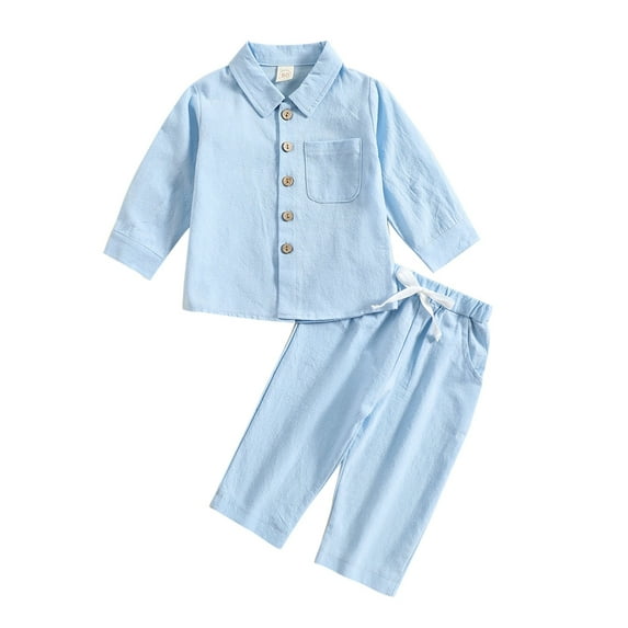 Popvcly Baby Boy Clothes Set Toddler Fall Outfit Cotton Linen Long Sleeve T-shirt Top Pocket Button-Down Shirt Pant Set 6M-4T