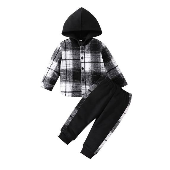 Popvcly Toddler Baby Boy Clothes Long Sleeve Hoodie Outfits Plaid Flannel Shirt Top Sweatpants Fall Winter Clothing 3M-5T