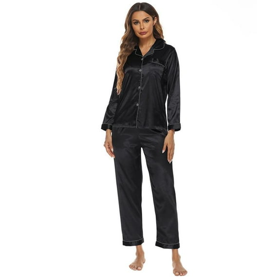 Popvcly Womens Silk Satin Pajamas Set Button Down Sleepwear Loungewear,Black,S-2XL