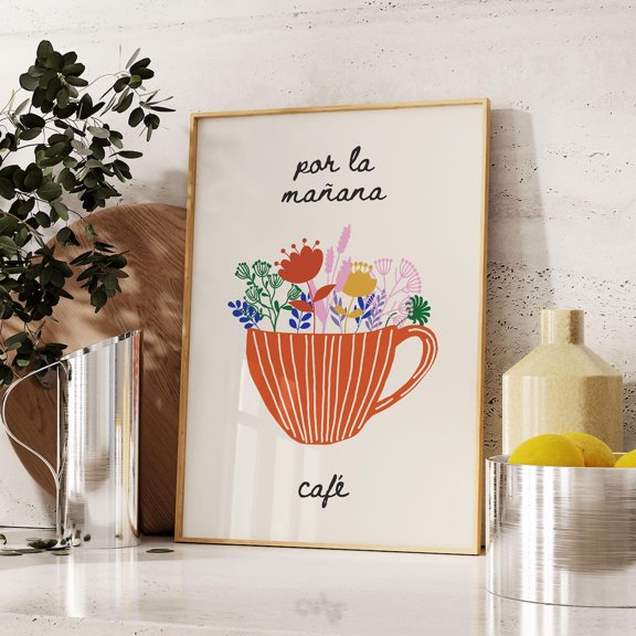 Por La Mañana Café Wall Art Coffee Lover Print Spanish Kitchen Decor Cute Coffee Cup Modern Cafe Wall Art