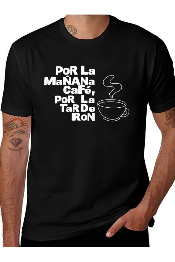 Por La Manana Cafe Por La Tarde Ron Funny T-Shirt Coffee and Rum Graphic Tee Unisex Casual Gift Shirt
