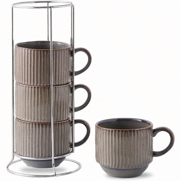 Porcealin Coffee Mugs, Stackable Coffee Cups Set of 4 with Stand - 15 oz Large Ceramic Ribbed Latte Cup Set for Cappuccino, , Hot Cocoa, Drinks - Dishwasher & Microwave Safe, Brown