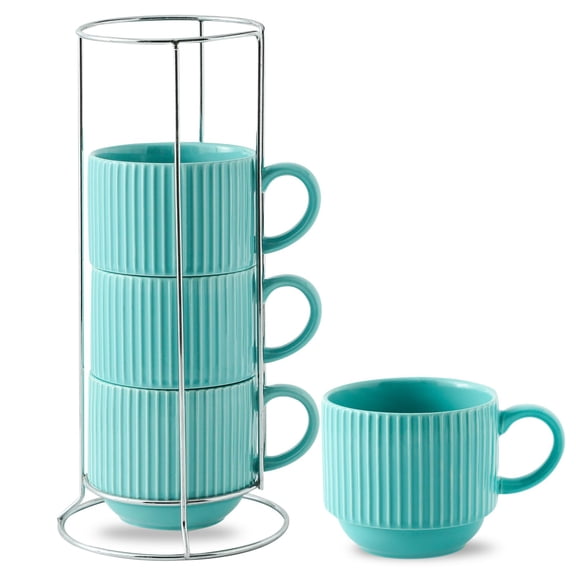 Porcealin Coffee Mugs, Stackable Coffee Cups Set of 4 with Stand - 15 oz Large Ceramic Ribbed Latte Cup Set