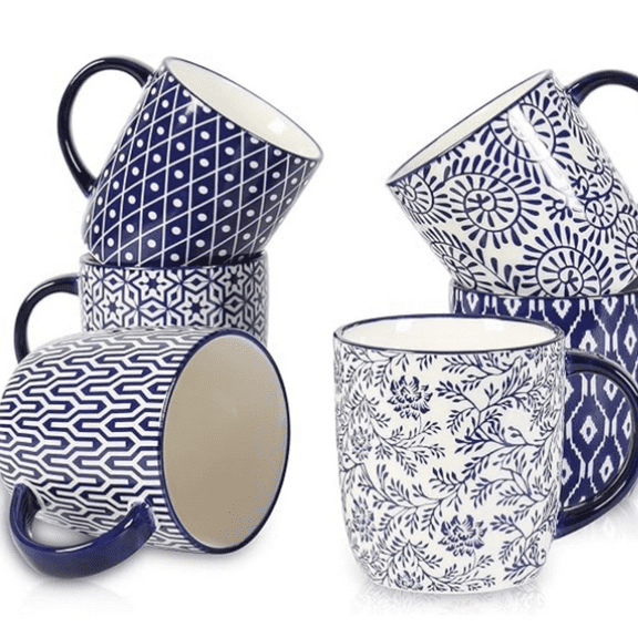 Porcelain 10 oz Coffee Mugs Set of 6 with Handle, Coffee Cups Ceramic for Cappuccino Latte Cocoa Milk Tea, Dishwasher Microwave Safe, Vintage Blue