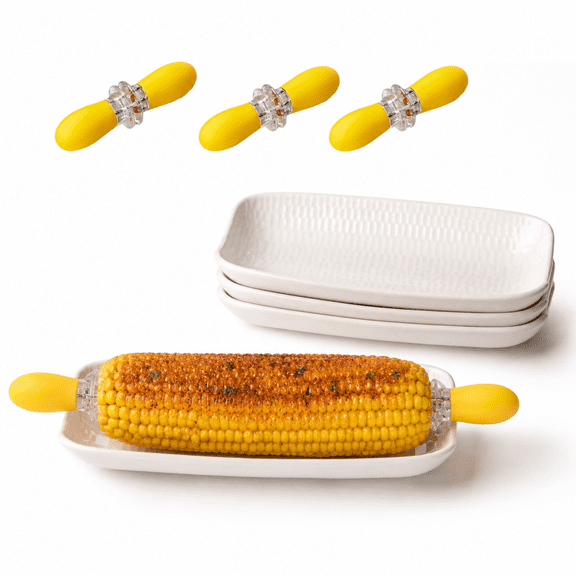 Porcelain 8.8" Embossed Corn Dishes Set of 4 with Stainless Steel Cob Holders