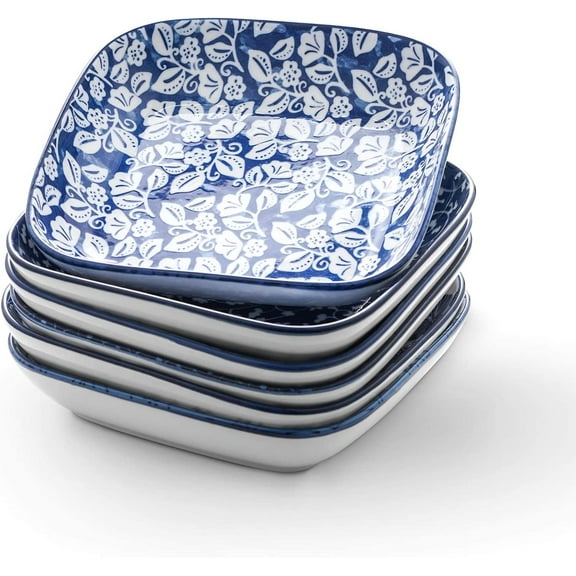 Porcelain 8-inch Square Dinner Plates, Salad Pasta Bowls, Set of 6, Vintage Blue