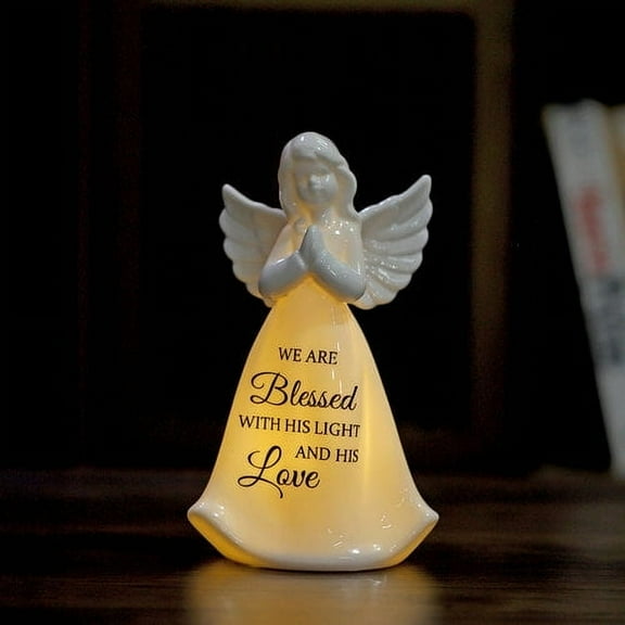 Porcelain Angel Figurine lighted up with 'We Are Blessed with His Light and His Love' Inscription 7"H